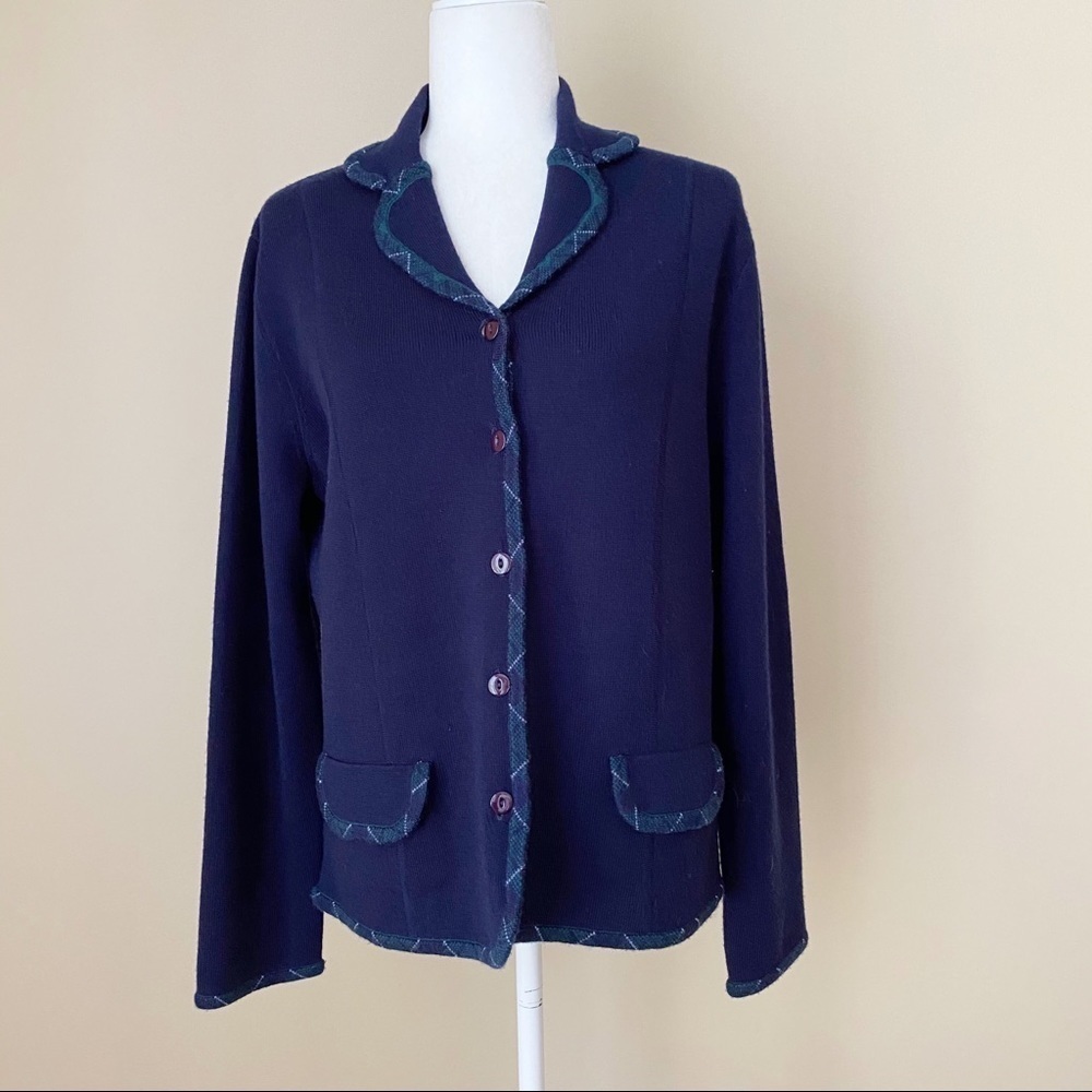 Pendleton Plaid Trim Wool Button Front Cardigan -L - image 1